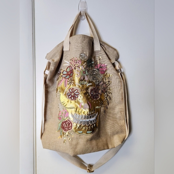 Sugar Skull Rose Flower Day of the Dead Handbag Shoulder In Tan - Picture 3 of 11